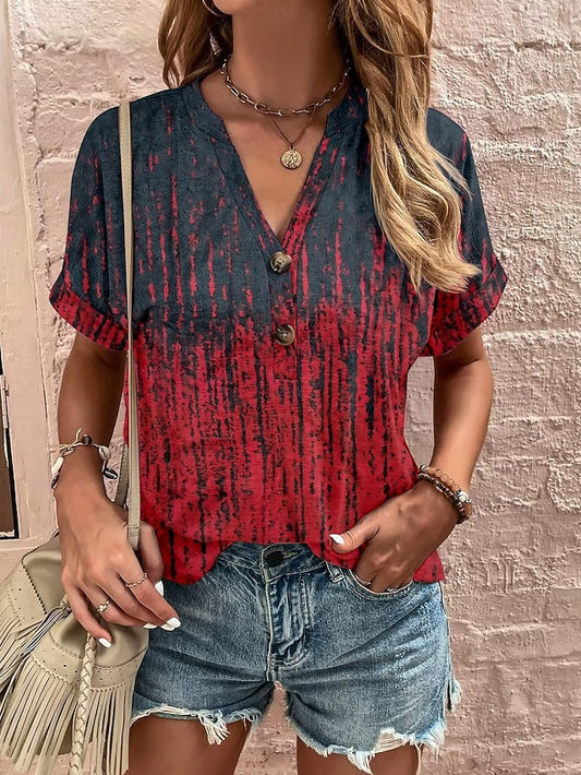 Women's T Shirt Tee Top Buttons Print Graphic Geometric