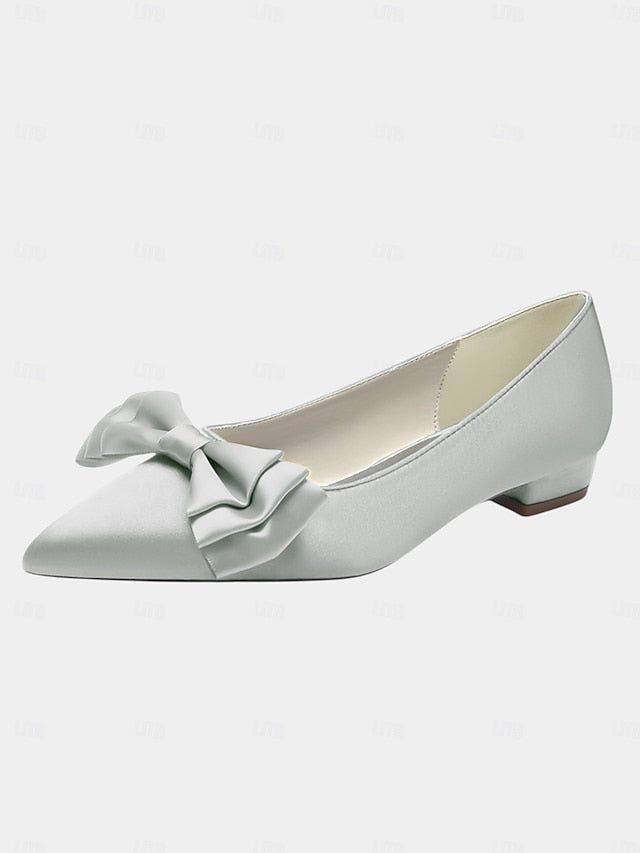 Women's Pointed Satin Bow Green - Flats Toe Elegant