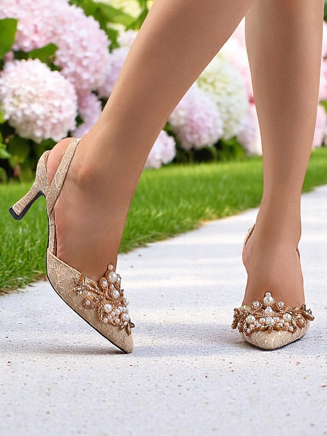 Heels Satin Slingback Detailing Women's Pearl with - Black