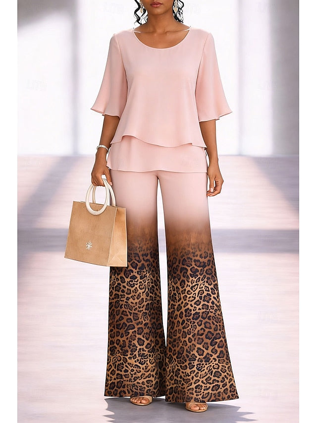 Women's Pants Sets Half Sleeve Butterfly Sleeve Round Neck