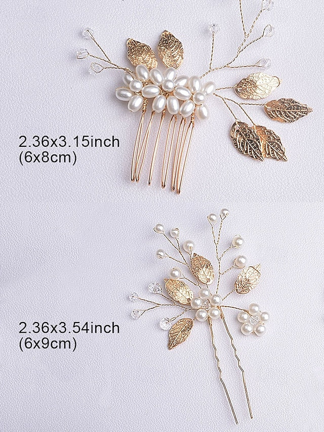 Set Bridal Hair Pearls Leaf with Accessory Gold Silver and Faux