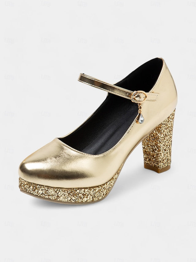 Heel Gold Pumps Sparkly Women's Jane Glitter Block Mary –