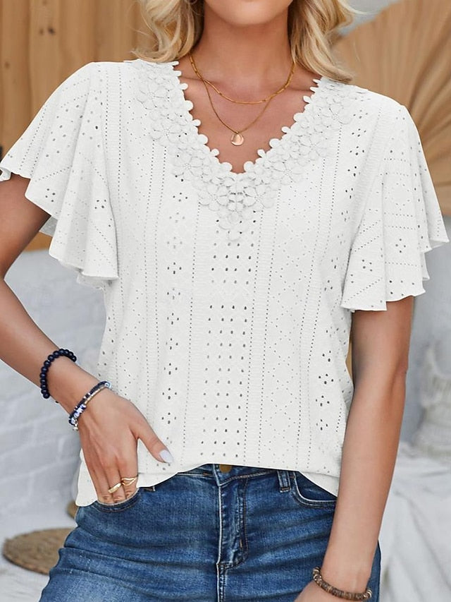 Women's Pointelle Shirt Eyelet Top Lace Shirt Lace Short