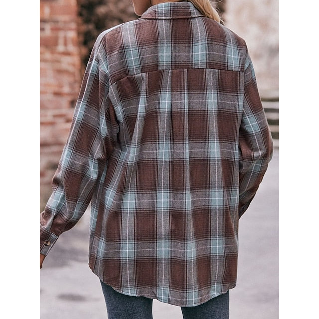 Women's Shirt Pocket Buttons Print Plaid Vintage Tropical