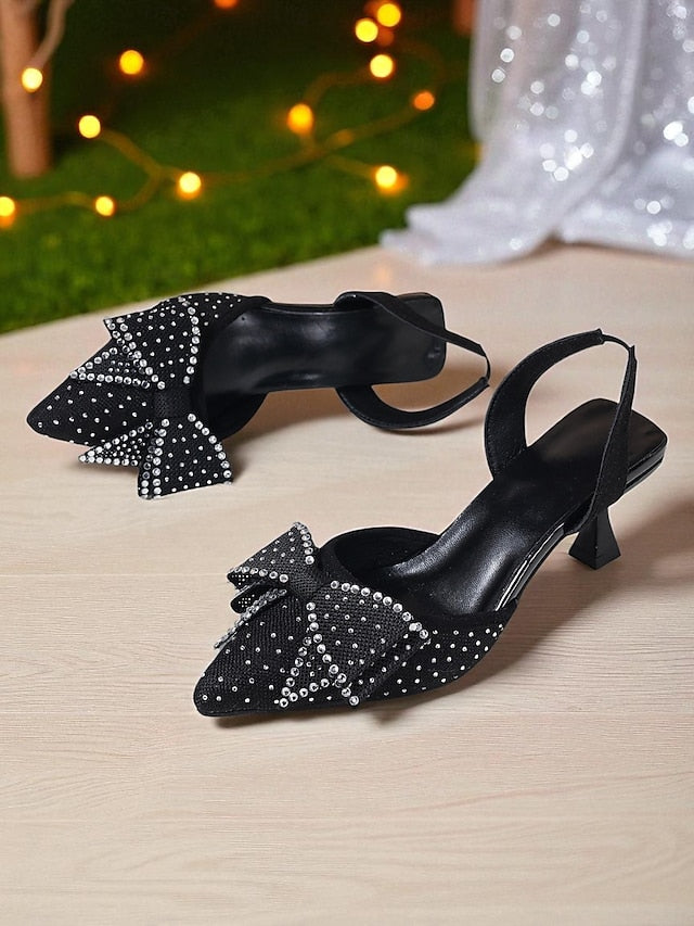 Slingback Women's Heels Pointed Sparkly Rhinestone Bow -
