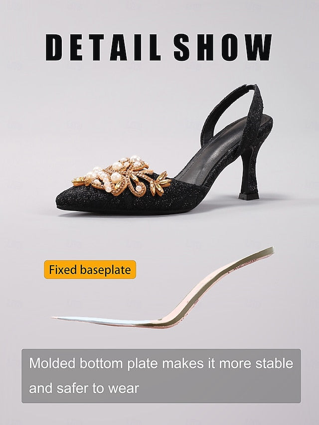 Heels Satin Slingback Detailing Women's Pearl with - Black
