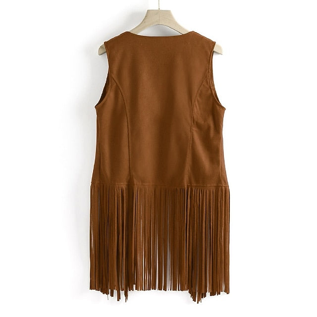 Retro Vintage 1970s Suede Vest Sleeveless Hippie Tassel Fringe