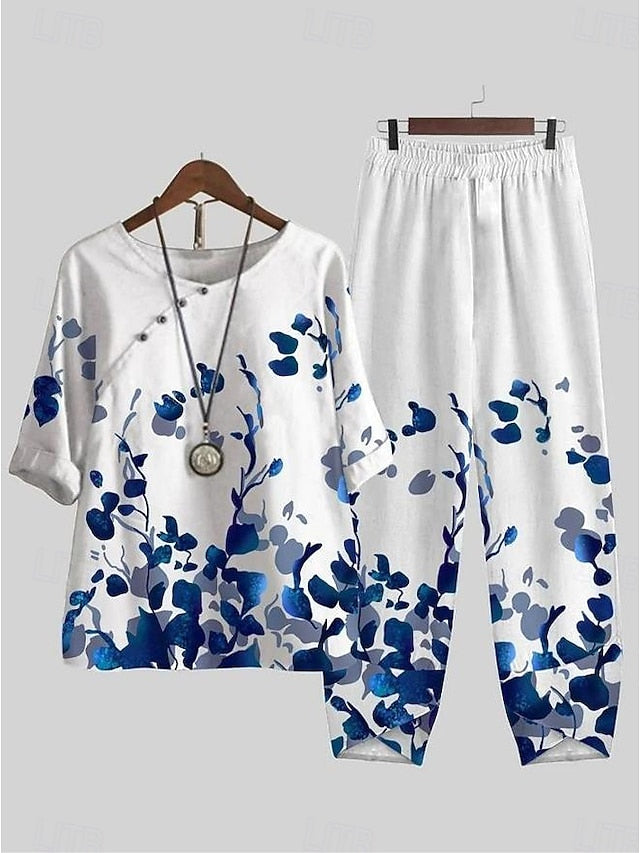 Women's Shirt Basic Pants Sets Half Sleeve Round Neck