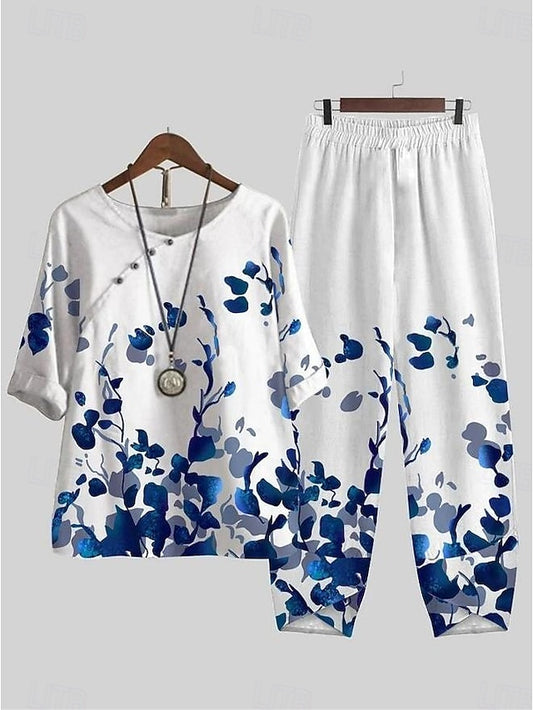 Women's Shirt Basic Pants Sets Half Sleeve Round Neck