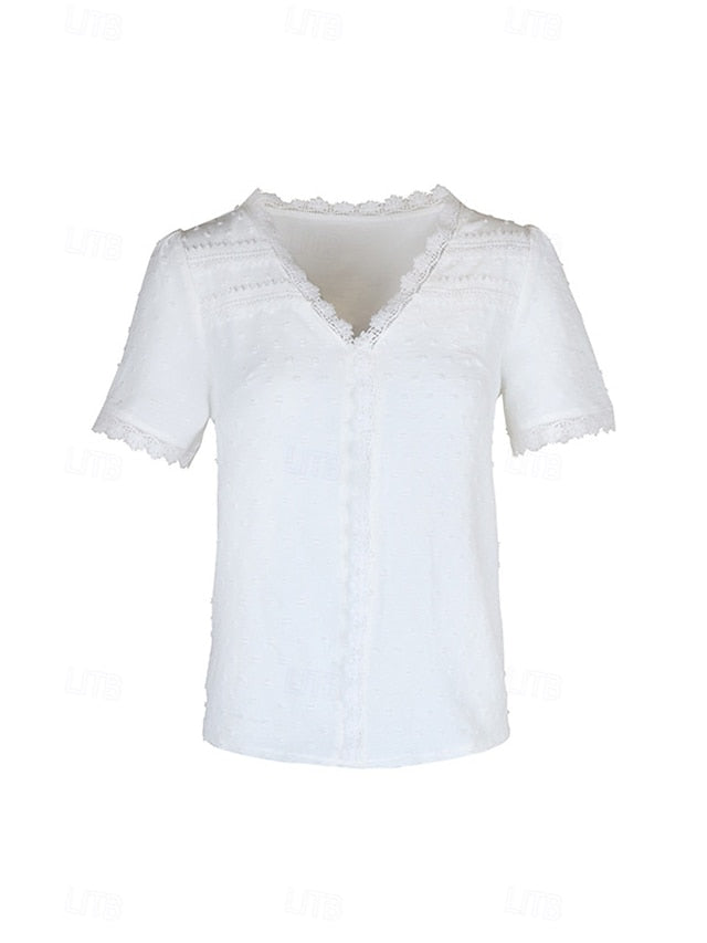 Women's T Shirt Lace Solid Color Fashion Short Sleeve V