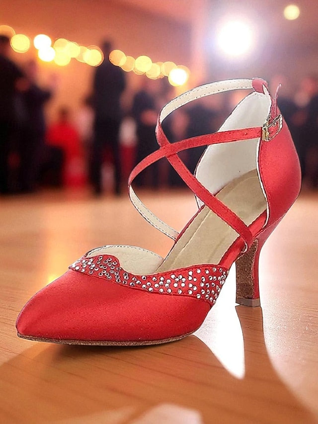 Red Shoes Toe Dance Cross Satin - Women's Closed Ballroom