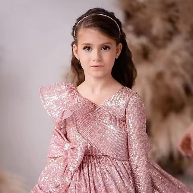 Kids Long Dress Color Party Sleeve Performance Girls' Solid