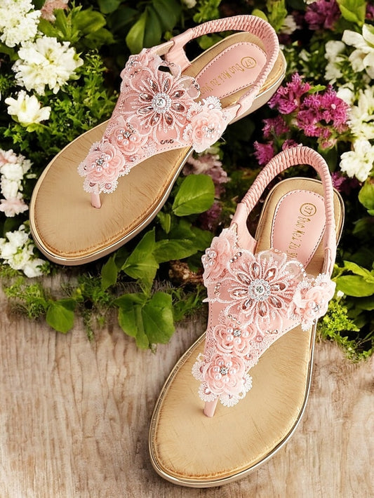 Women's – Lace Floral Pink Sandals T-Strap Embellished