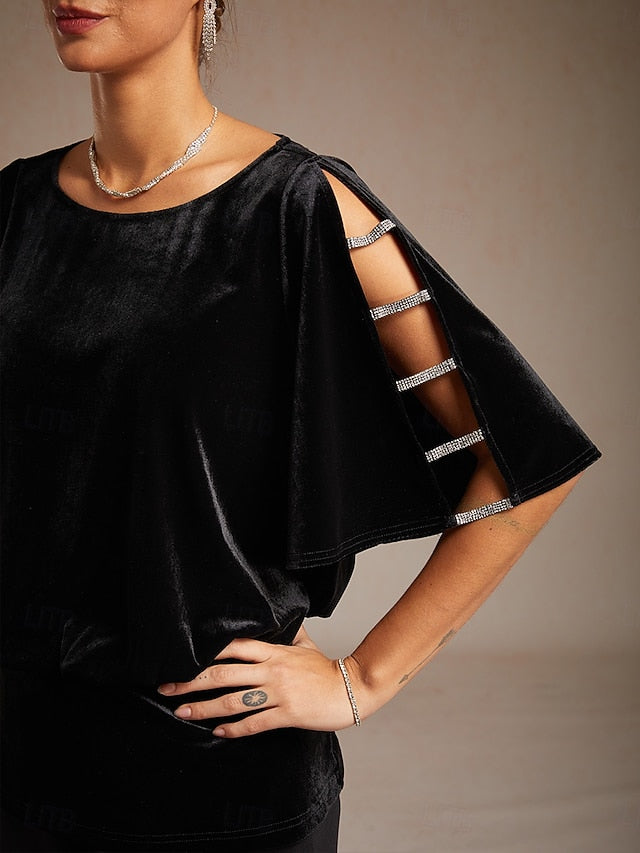 Women's Velvet Dressy Tops Beaded Cut Out Elegant Party