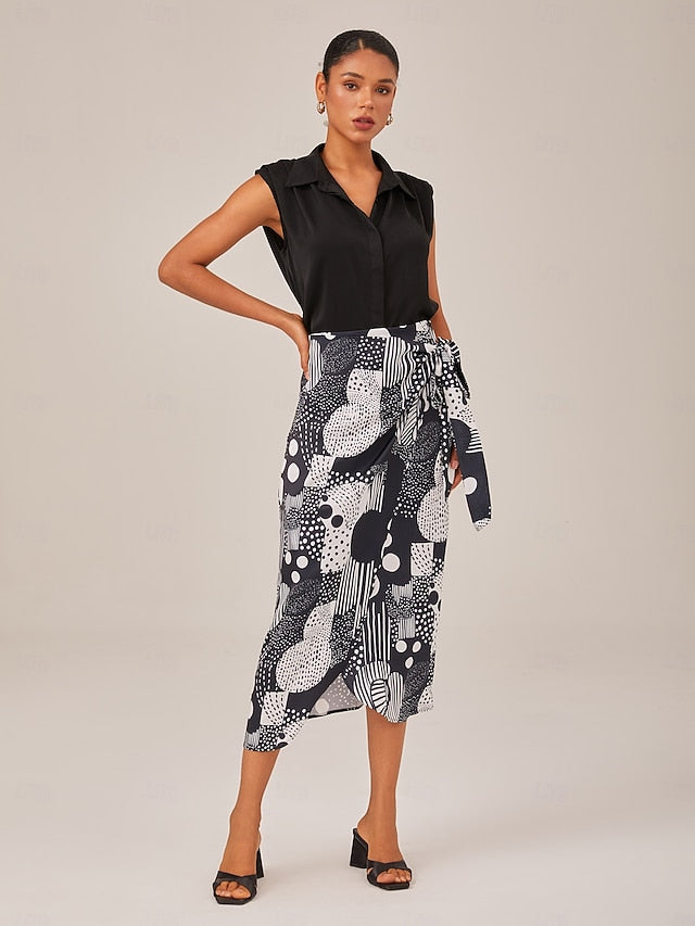 Satin Color Block Elastic Waist Midi Skirt
