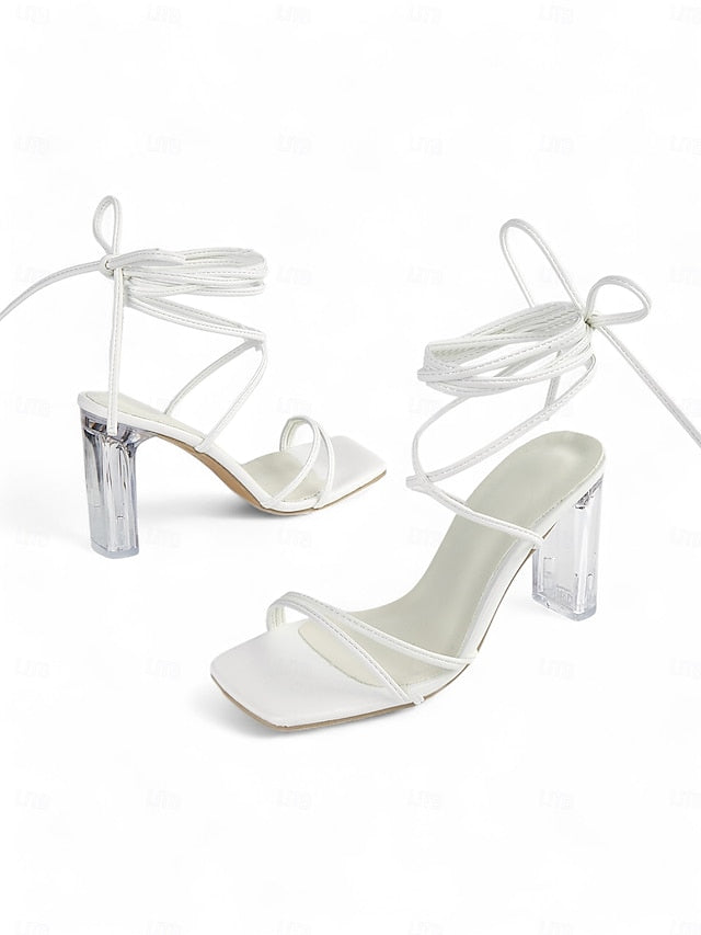 Strappy Lace-Up White Block with Women's Clear Heels Heel