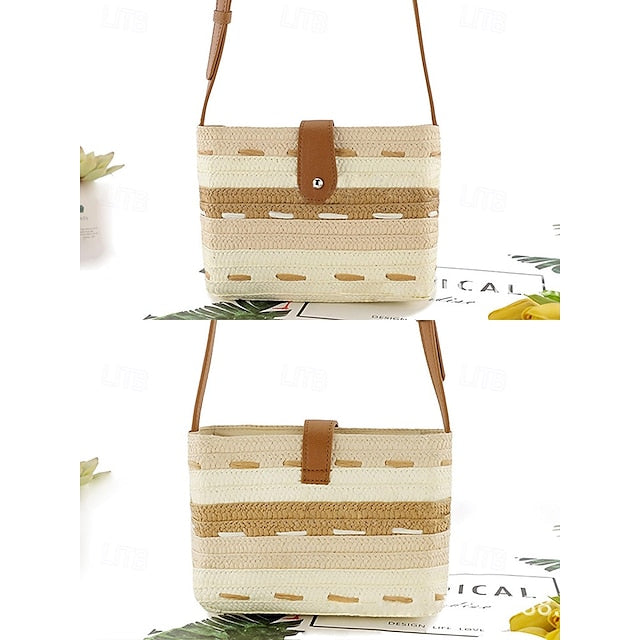 Striped with Bag Colorblock Women's Straw Woven Brown Tote