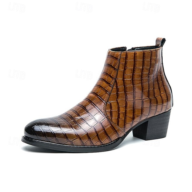 Pattern Brown Boots Crocodile Men's - Ankle Faux Leather