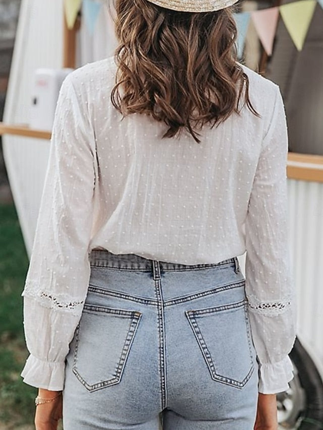 Women's Casual Shirt Button Up Shirt Blouse Lace Ruffle