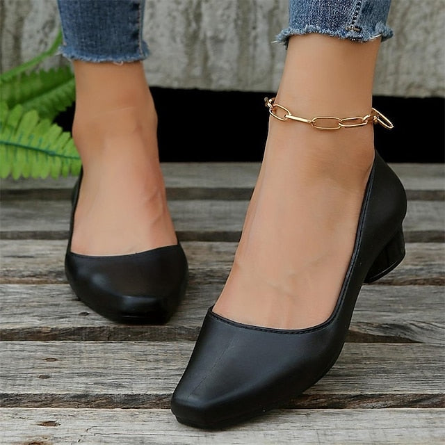 Women's Toe Classic Low Heel Pumps Black Round Slip-On –