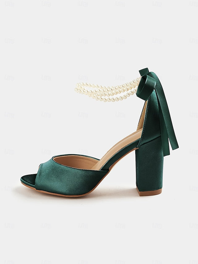 Block Ankle Peep-Toe Satin Pearl Heel Sandals Women's with
