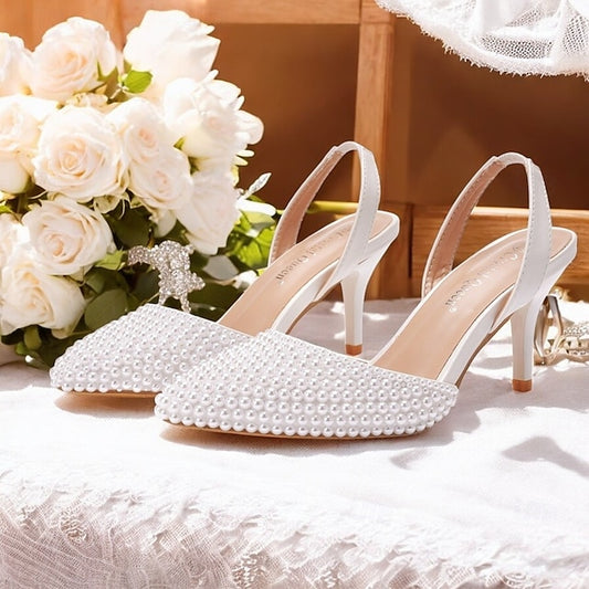Heels Women's White Pearl Slingback – Embellishments with