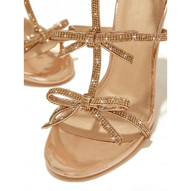 Sparkly Bow – Strappy Gold Knot Stiletto Women's Sandals