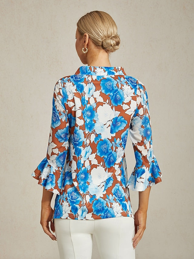 Women's Blouse Twisted Roman Chiffon Splice Blue Floral
