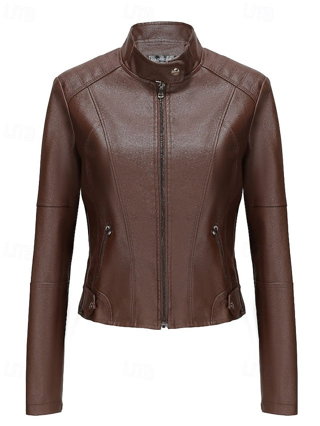 Jacket Comfortable Leather Pocket Women's Zipper Faux
