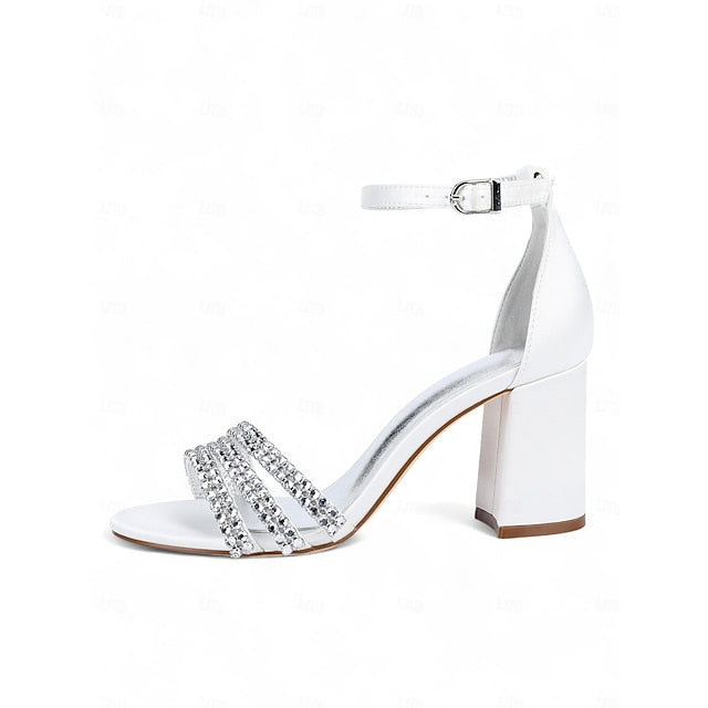 Heel Rhinestone Satin Purple Sandals Women's with Block