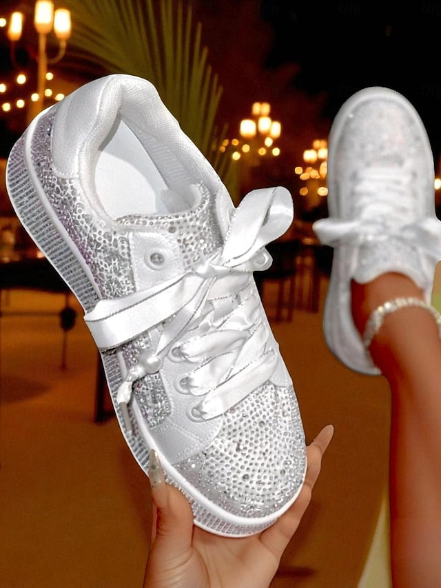 Rhinestone Lace-Up Glamorous Women's Sparkly Sneakers -