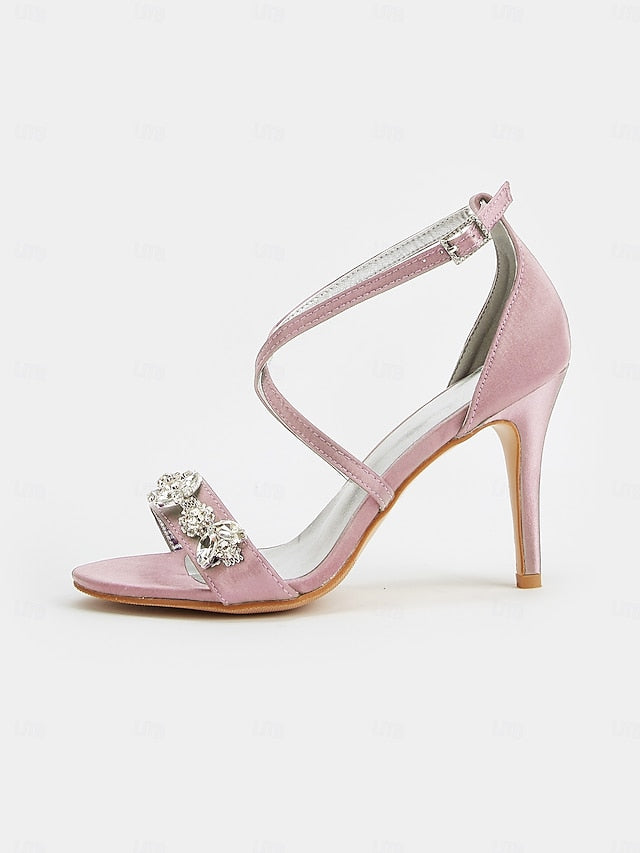 Stiletto Women's Purple Rhinestone Satin Heels Straps with