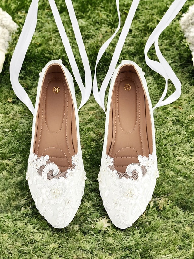Lace with Wedding Ties Bridal White - Shoes Flats Elegant Ribbon