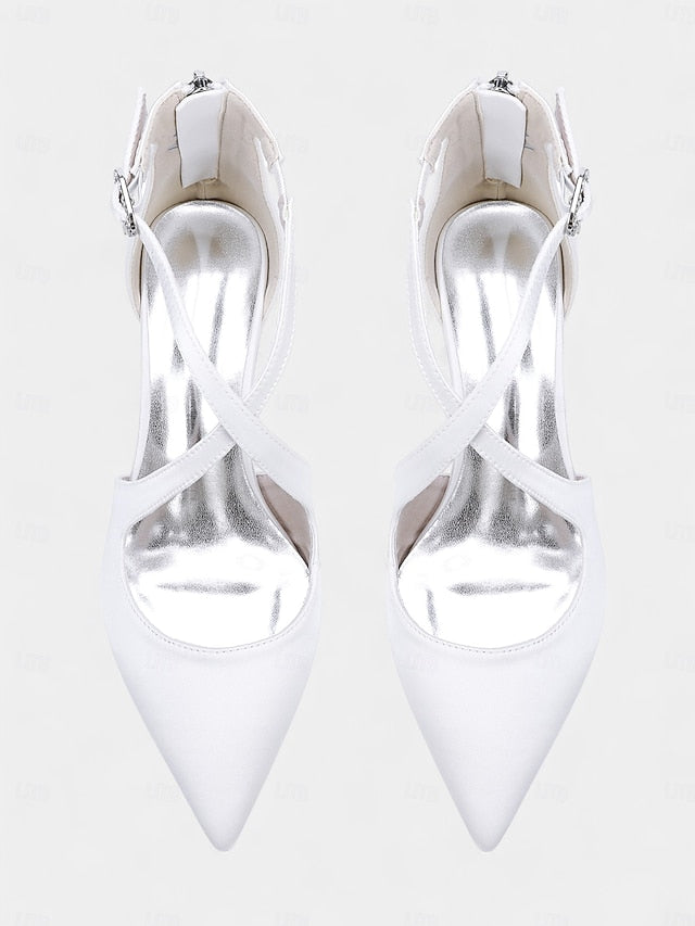 Ivory Heels Satin Toe Block Elegant Women's - Pointed