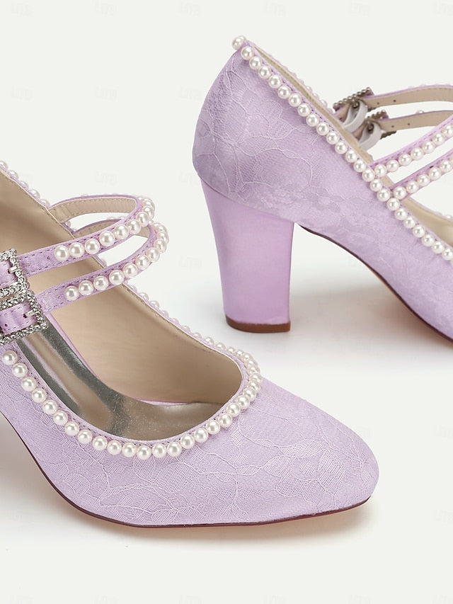Jane Lace Women's - Heels Purple Embellished Pearl Mary