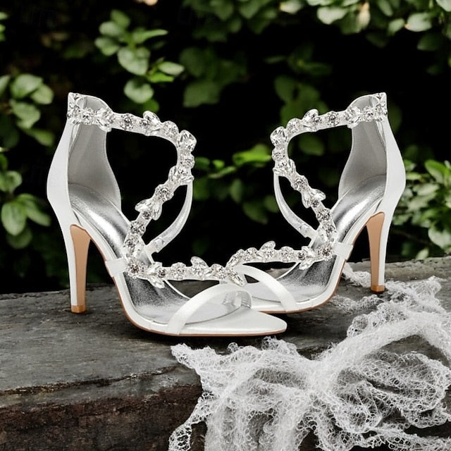 Women's Floral High Satin with Pink Rhinestone Sandals Heel