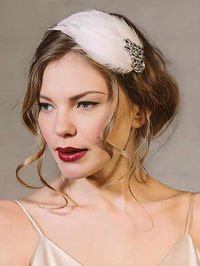 Hair - Vintage Crystal White Women's Clip Feather