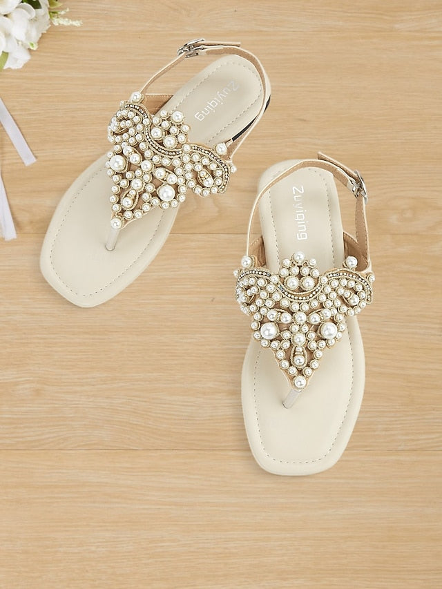 T-Strap Elegant Flat – Pearl-Embellished Women's Sandals