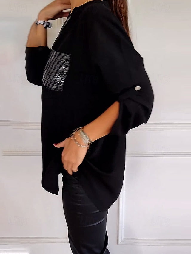 Women's Shirt Elegant Dressy Satin Top Sequins Patchwork