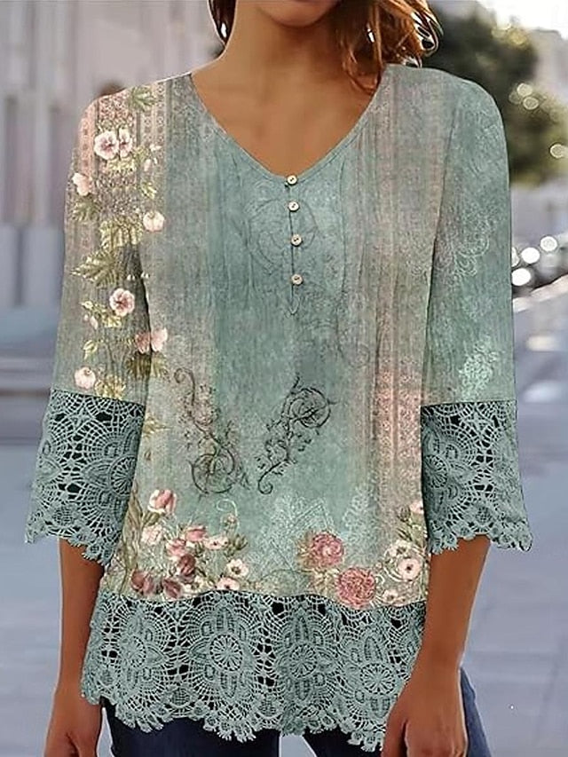 Women's Boho Shirt Tunic Lace Buttons Ombre Floral Stylish