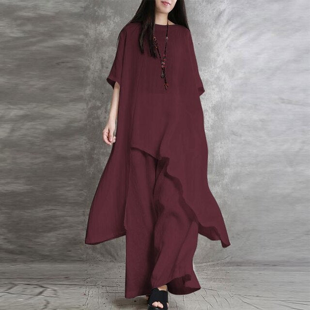 Women's Shirt Pants Sets Long Cotton Top Wide Leg Pants