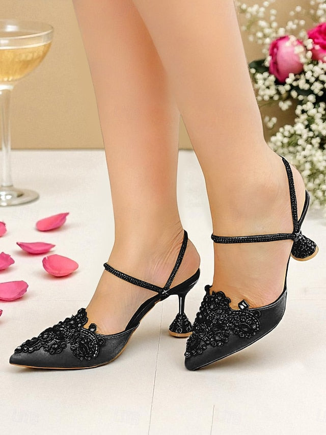 Rhinestone Toe Women's Pointed Embellished Satin Gold