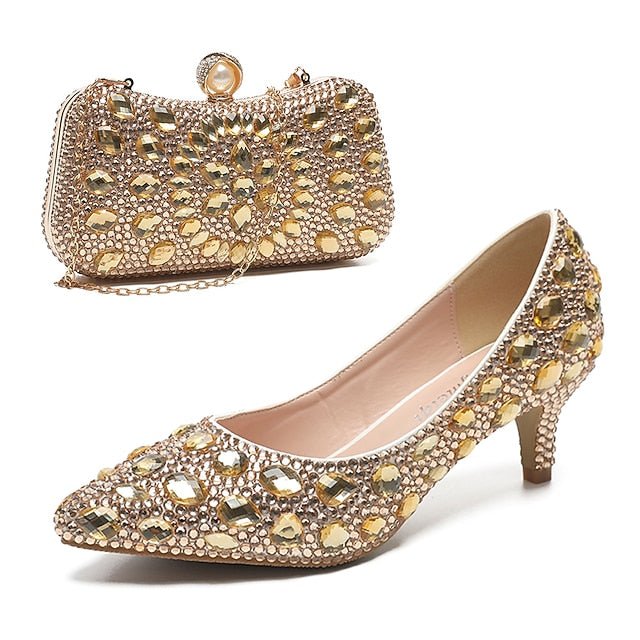 Crystal-Embellished Heel Kitten Shoes Matching and Women's