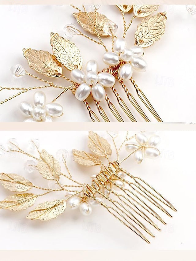 Set Bridal Hair Pearls Leaf with Accessory Gold Silver and Faux