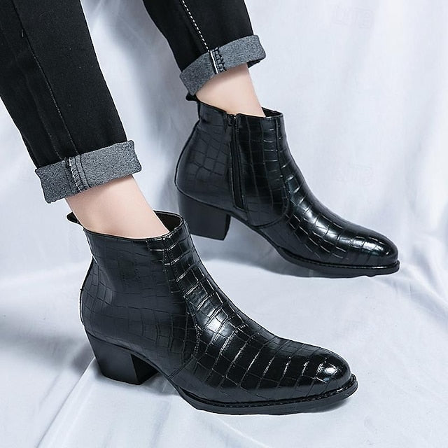 Pattern Brown Boots Crocodile Men's - Ankle Faux Leather