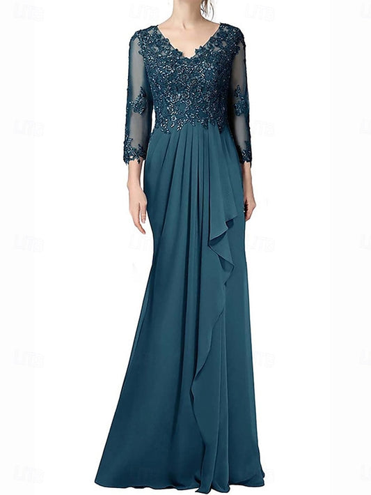 Dress Mother Floor Length Neck Bride Elegant V the of A-Line