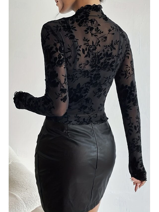 Women's Blouse Mesh Plain Stylish Long Sleeve High Neck