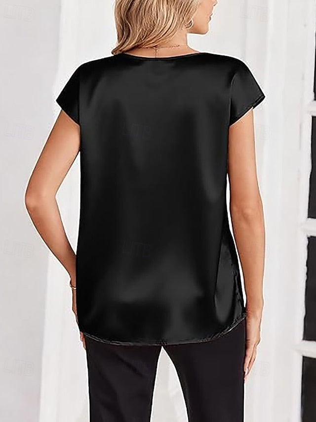 Women's Satin Shirt Blouse Patchwork Plain Elegant Vintage