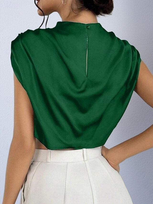 Women's Shirt Satin Shirt Blouse Wrap Crop Top Ruched Plain