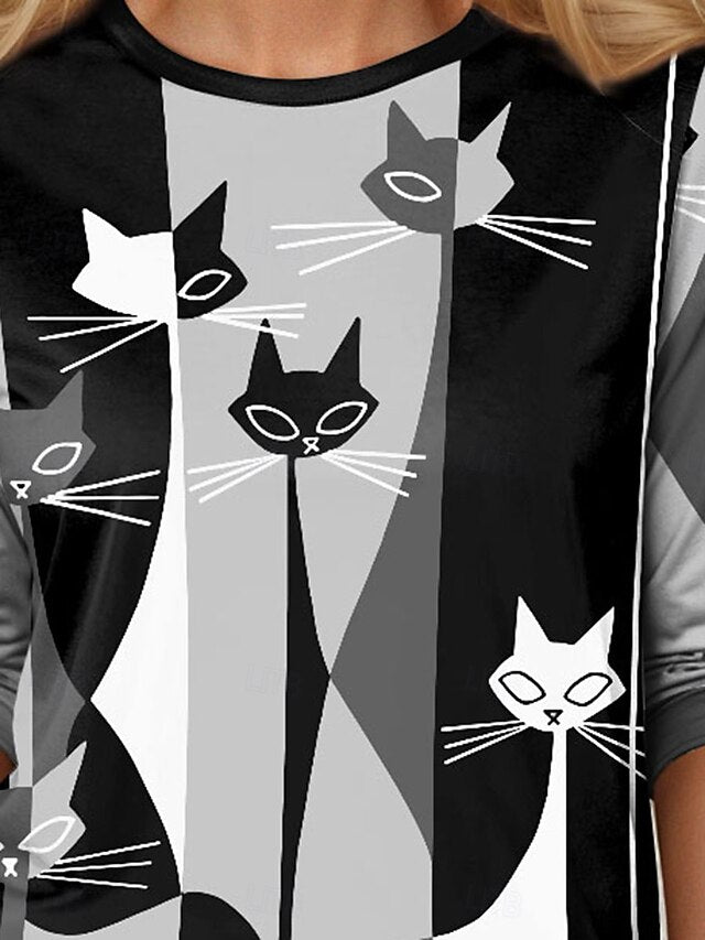 Women's T Shirt Casual Color Block Cat Print Short Sleeve